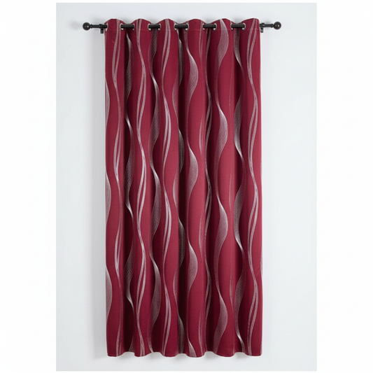 Crimson Wave blackout grommet curtain panel hung, full wave pattern visible