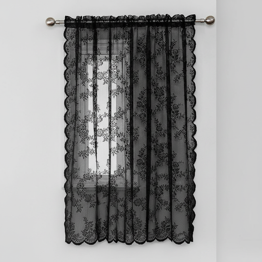 Charcoal Glow floral lace sheer curtain panel hung, full lace pattern visible