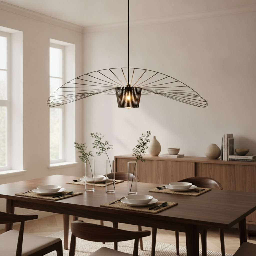 AstralWave wide-brim pendant installed over a modern dining table - lifestyle