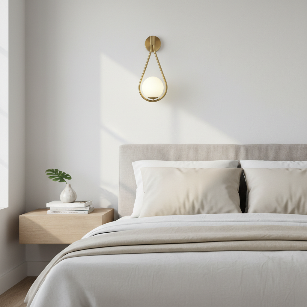 AquaSphere teardrop wall sconce - lifestyle, mounted on modern bedroom wall