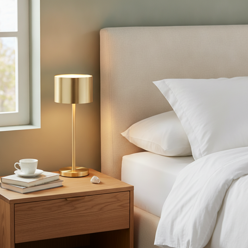 Gold cordless table lamp lit on a bedroom nightstand - lifestyle