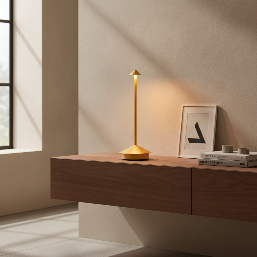 Luminara gold cordless LED table lamp lit on a walnut console - lifestyle