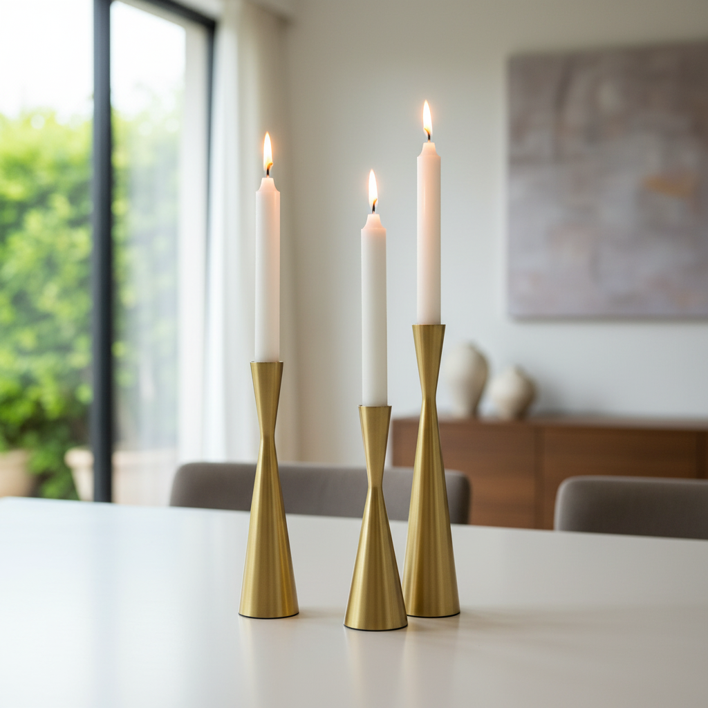 Nordic Brass Waist Candlestick Set of 3 styled with lit candles in a modern dining room