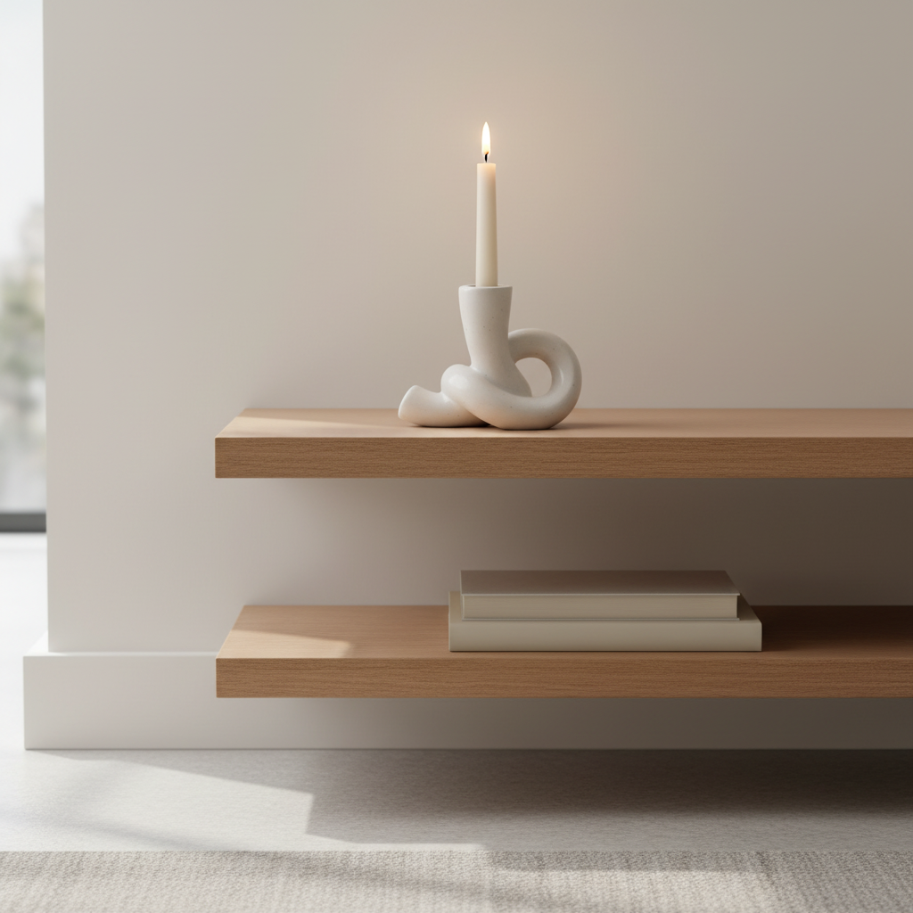 Knot Ceramic Candle Holder styled with a lit candle on a shelf