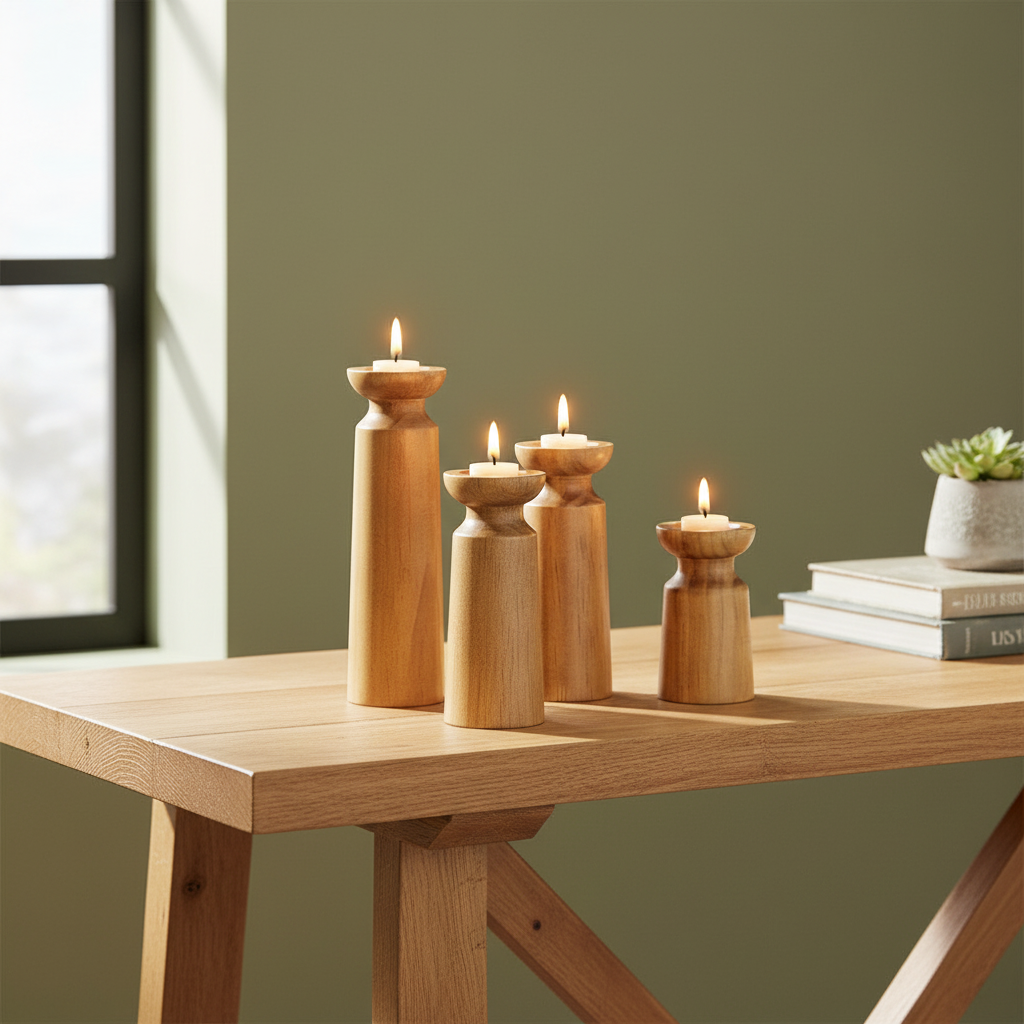 Carved Pine Candle Holders set styled in a rustic room with lit candles