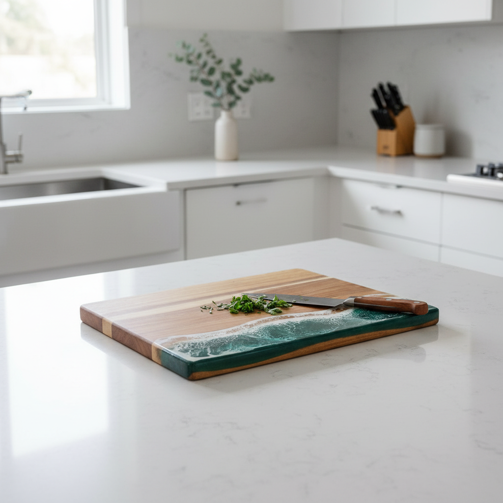 Acacia ocean resin cutting board in use on a modern kitchen island