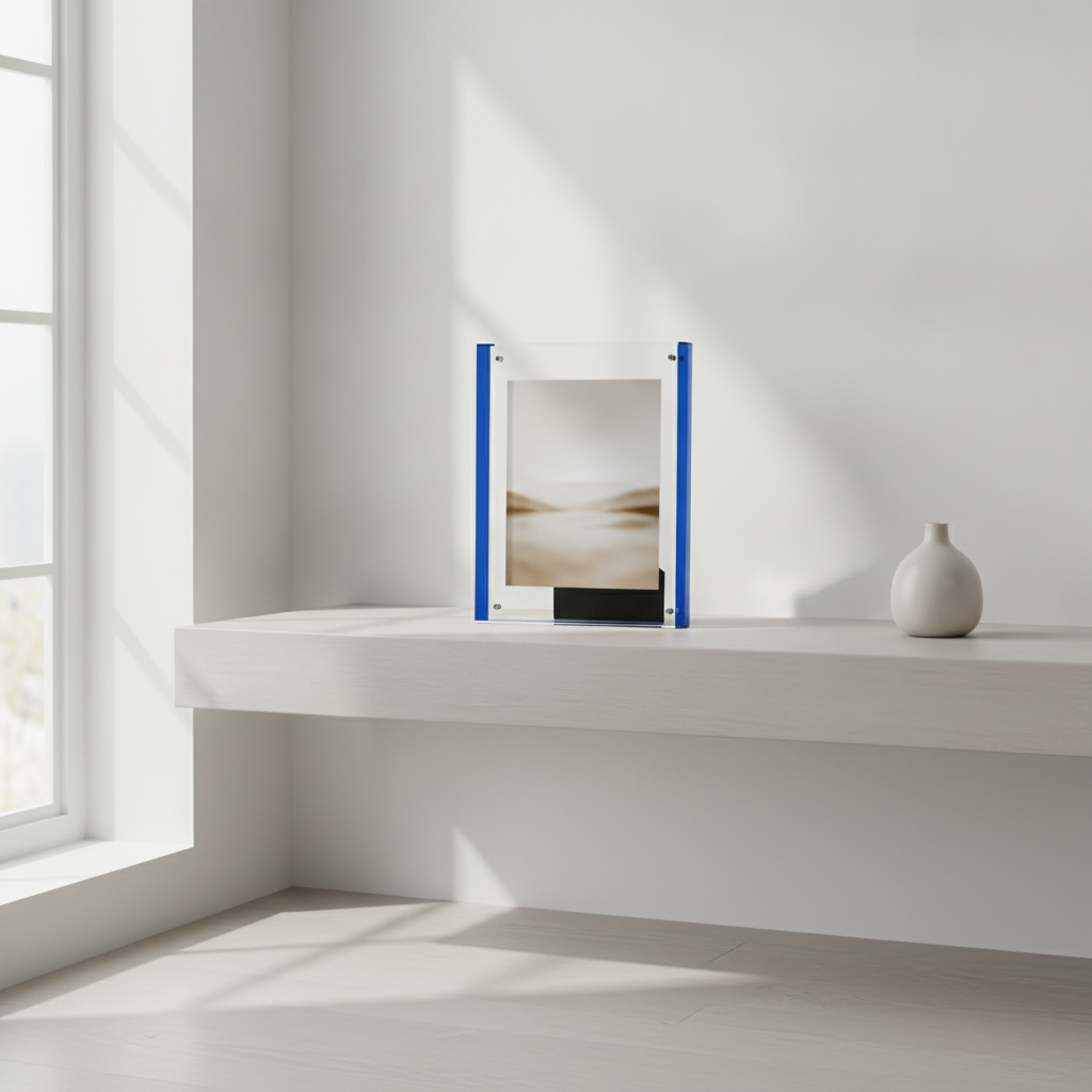Coloured Acrylic Picture Frame displayed on a shelf in a bright room