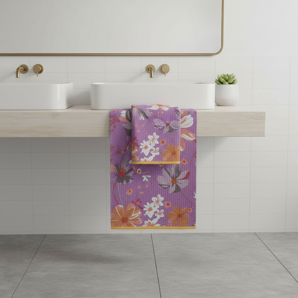 Cotton Gauze Bath Towel | Floral on Purple styled in a modern bathroom