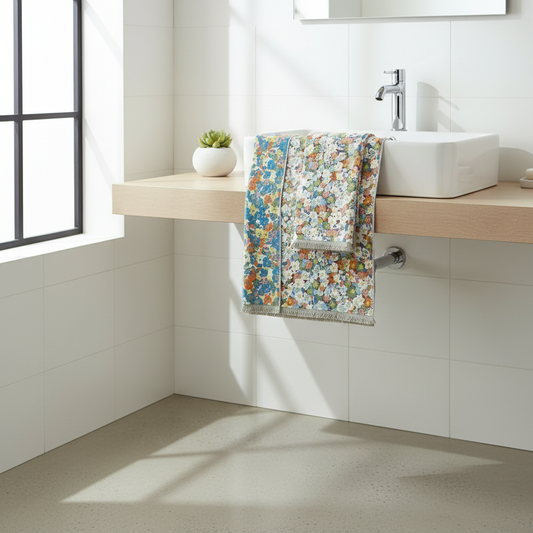 Reversible Cotton Colorful Print Bath Towel styled in a modern bathroom