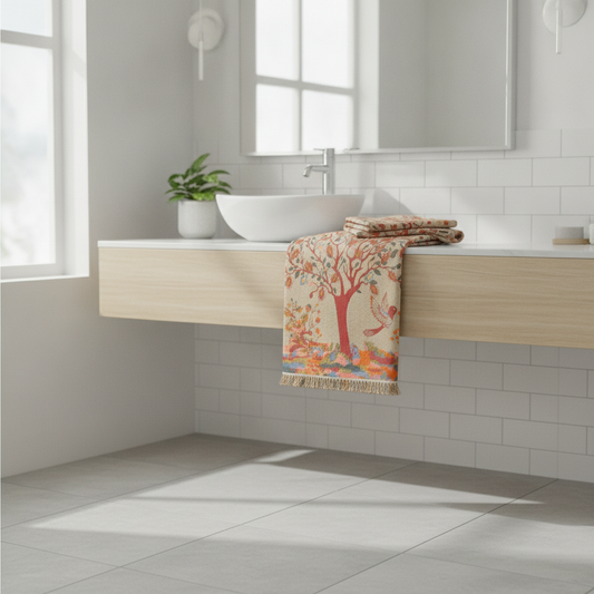 Cotton Gauze Bath Towel Tree Print styled in a modern bathroom