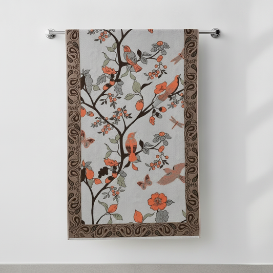 Cotton Bath Towel Floral and Bird Motif styled in a modern bathroom