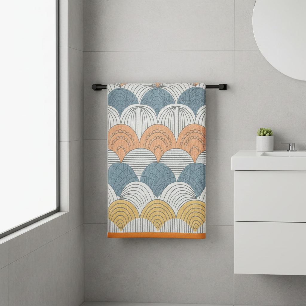 Shell jacquard cotton bath towel in a modern bathroom