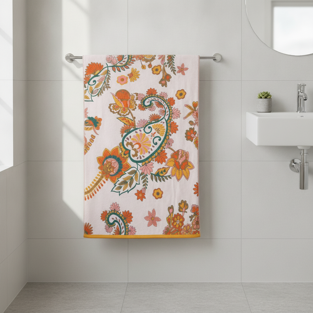Floral cotton gauze bath towel in a modern bathroom