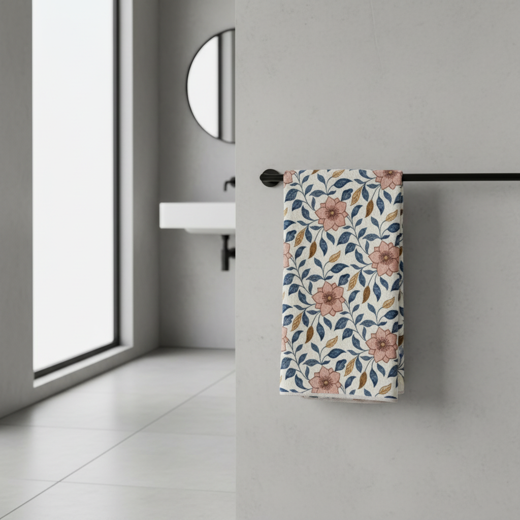 Floral leaf cotton gauze bath towel in a modern bathroom