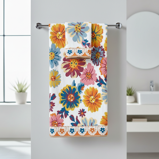 Reversible floral print cotton bath towel in modern bathroom