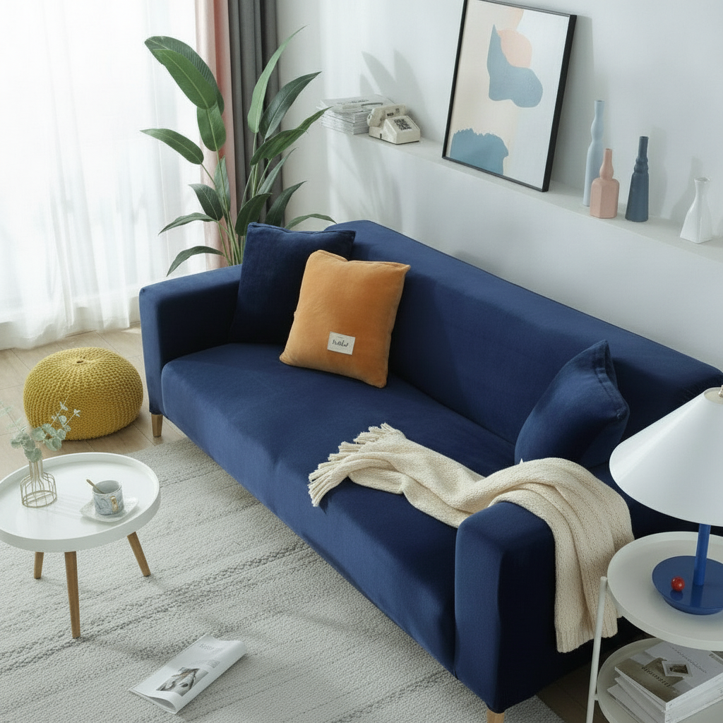 Navy Blue Velvet Couch Cover styled on a sofa in a modern living room lifestyle setting