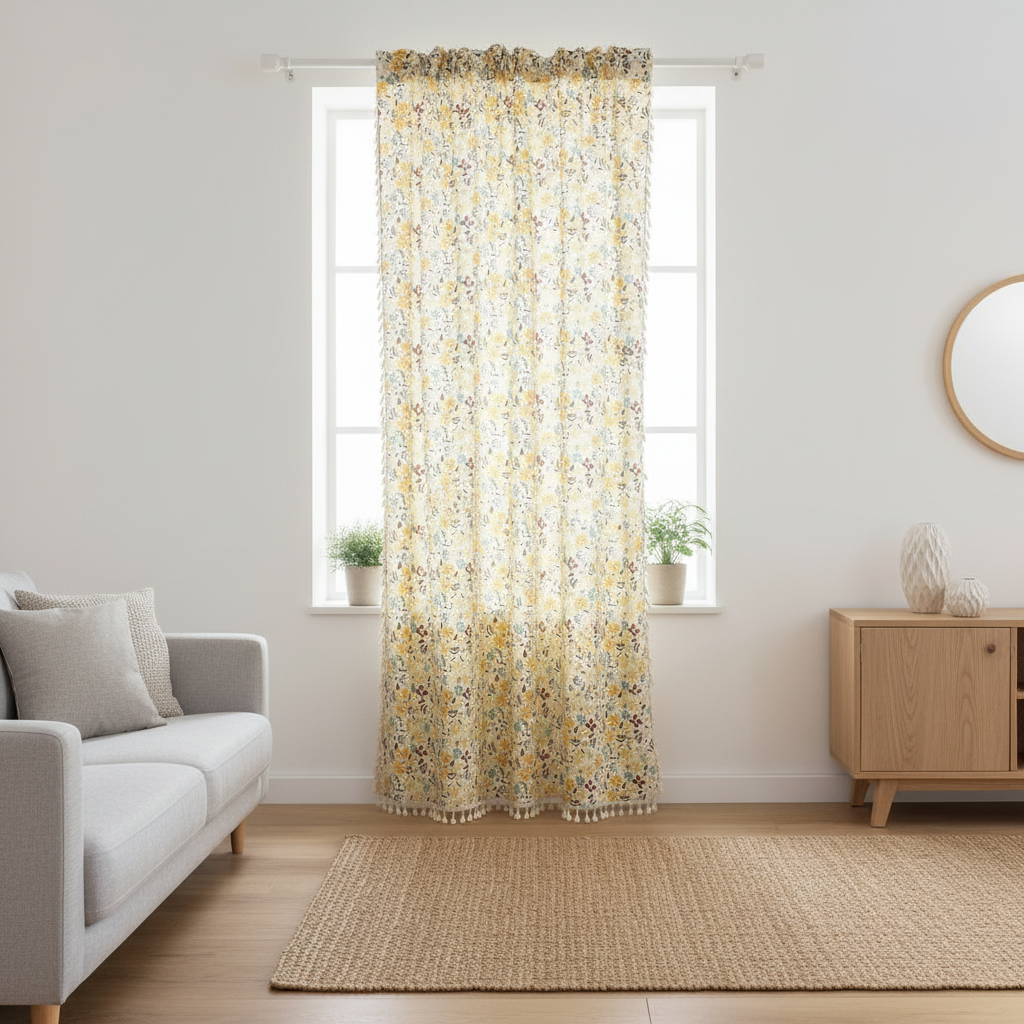 Yellow Flower Tassel Curtain hung on a living room window