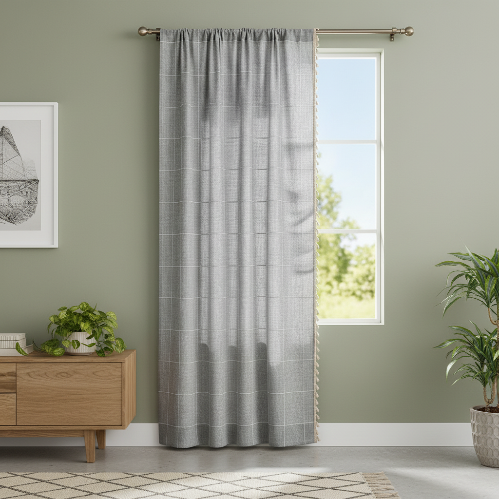 Tassel Plaid semi-blackout drape hung on a window in a styled room