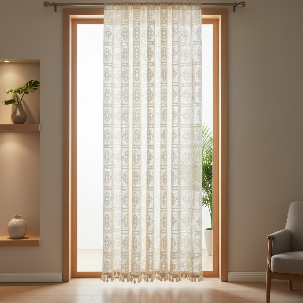 Rhombus Plaid Diamond Lace Curtain hung on a window in a styled room