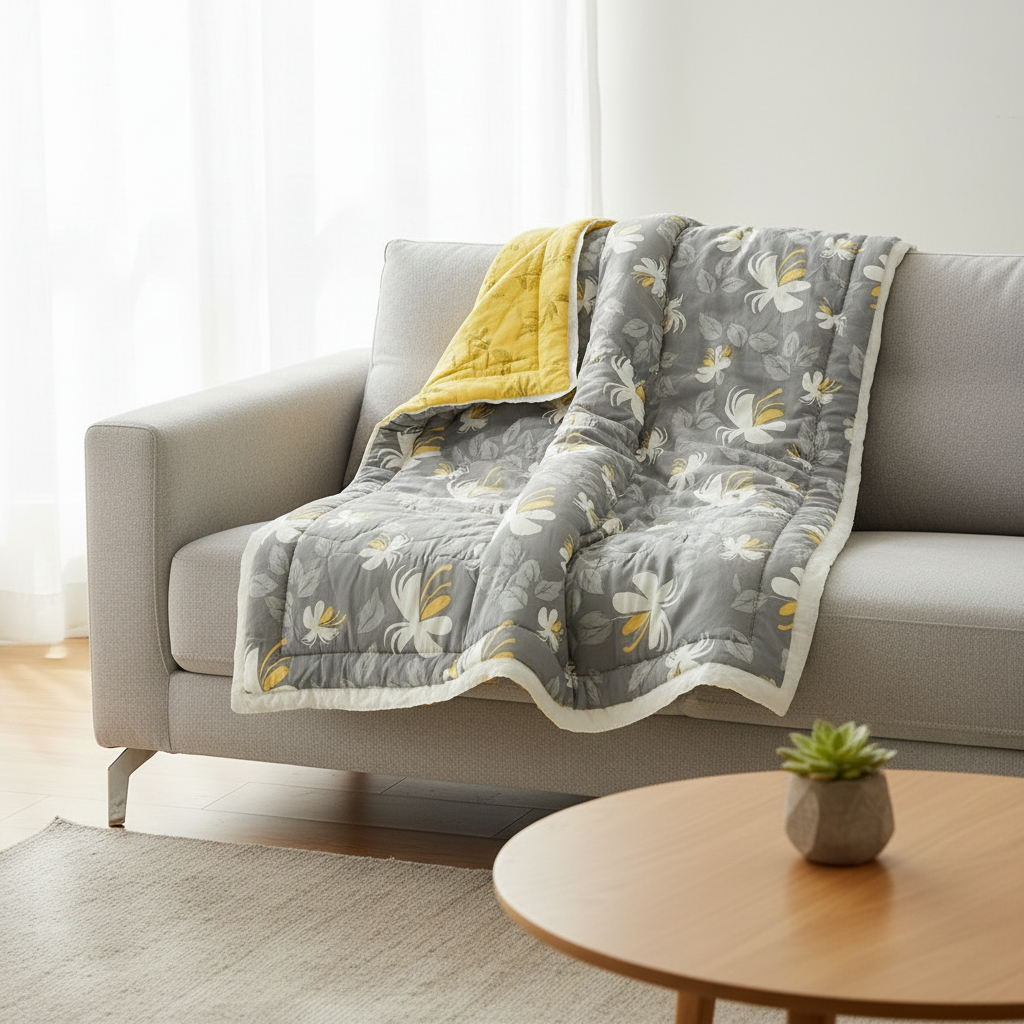 Elegant floral summer blanket draped over a sofa in a modern room