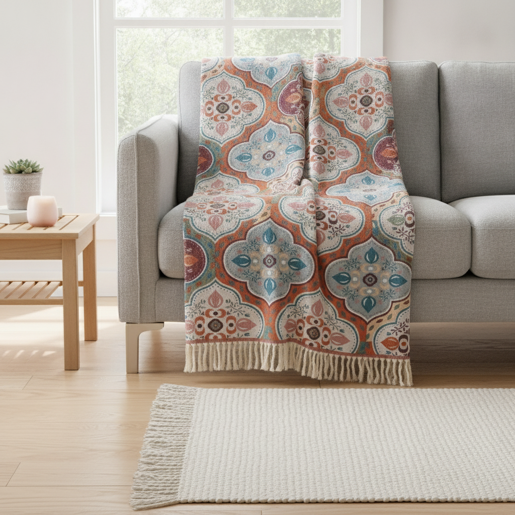 Moroccan Mosaic Tassel Cotton Blanket styled in a modern living room
