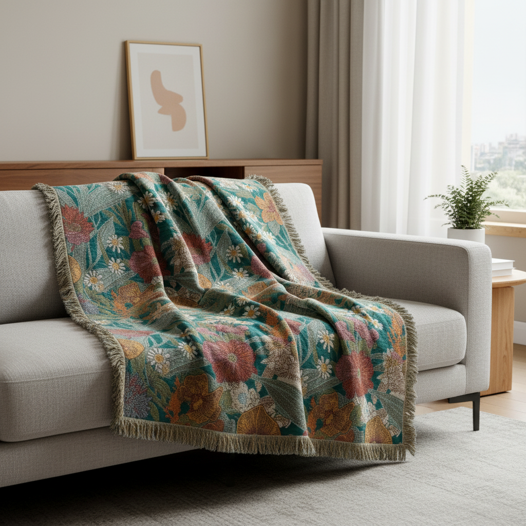 Bohemian Floral Patchwork Tassel Blanket styled in a modern living room