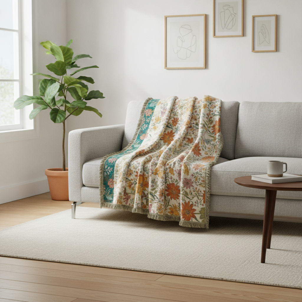 Blooming Floral All-Season Cotton Blanket draped on a sofa in a modern living room
