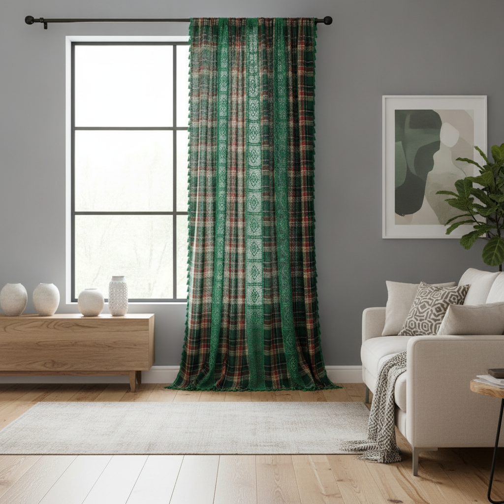 Tartan crochet curtain hung at a window in a styled living room