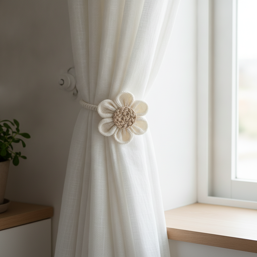 Floral hemp curtain tie-back holding back a curtain at a window