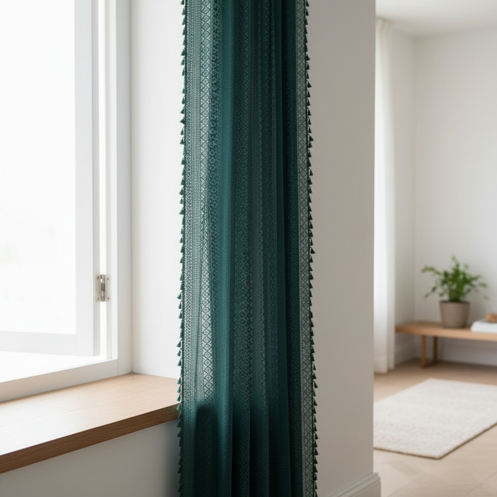 Lumine crochet tassel curtain hung at a window in a styled room