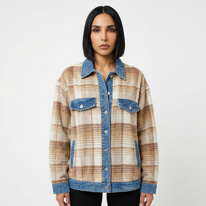 Shacket pour Femme Aspen | Corps en Tissu à Carreaux Brossé, Bordure en Denim Décoloré