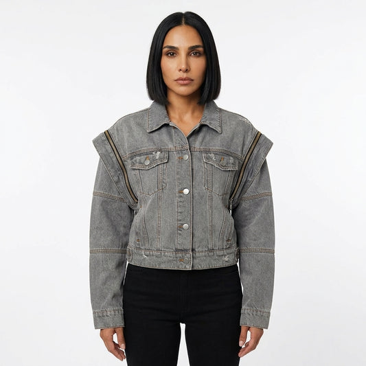 Veste en Denim Courte pour Femme Astra | Détails Multi-Zip, Broderie Étoile