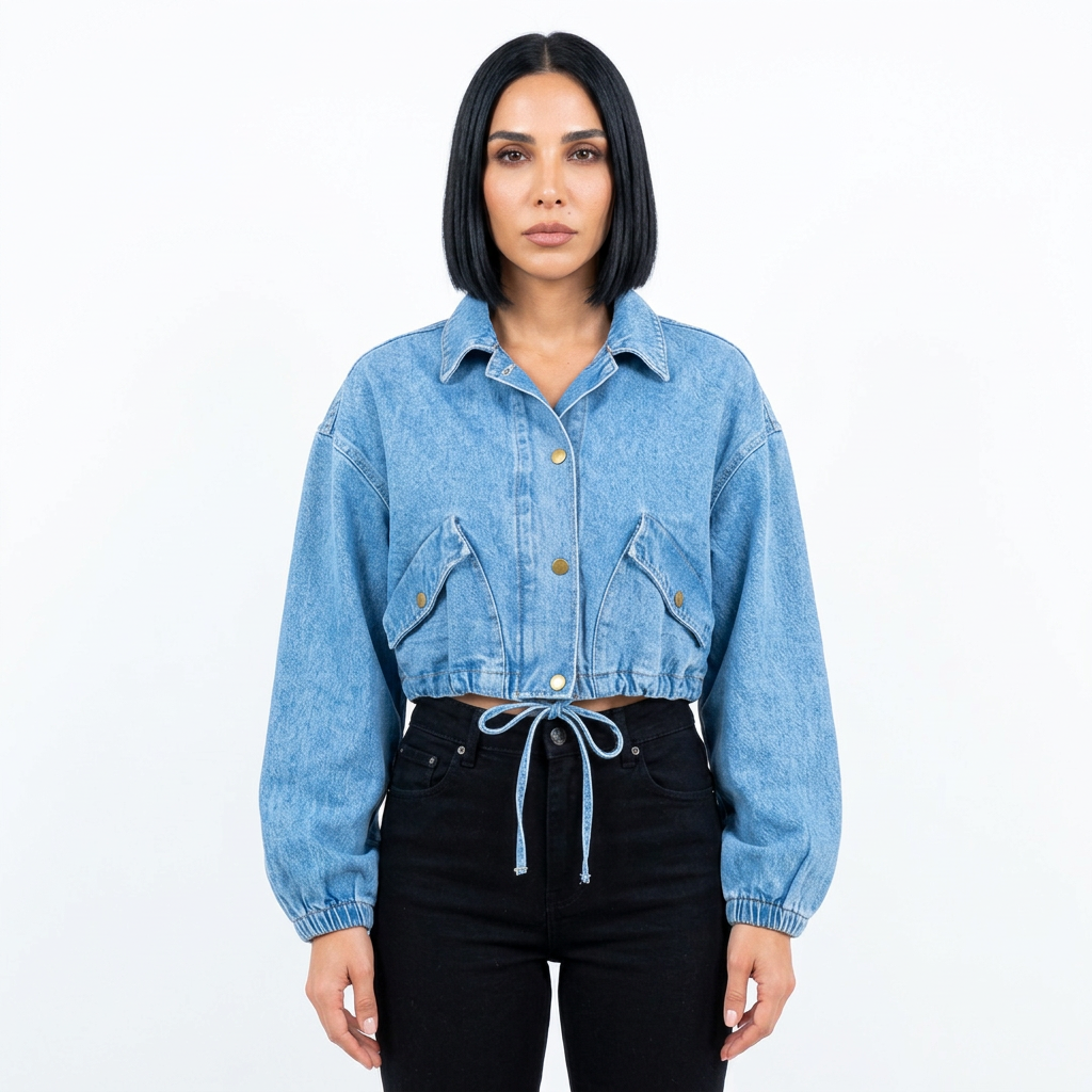 Veste en Denim Courte pour Femme Ava | Taille à Cordon, Fermeture Éclair sur le Devant