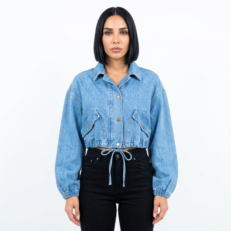 Veste en Denim Courte pour Femme Ava | Taille à Cordon, Fermeture Éclair sur le Devant
