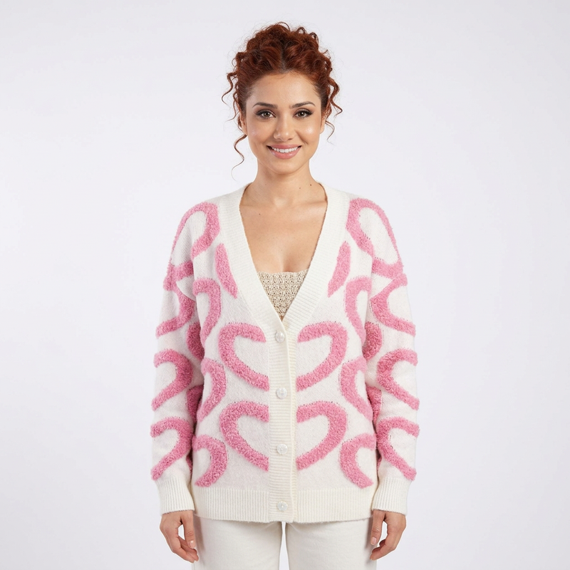 Cardigan femme Cora | Imprimé cœur texturé, boutons en forme de cœur