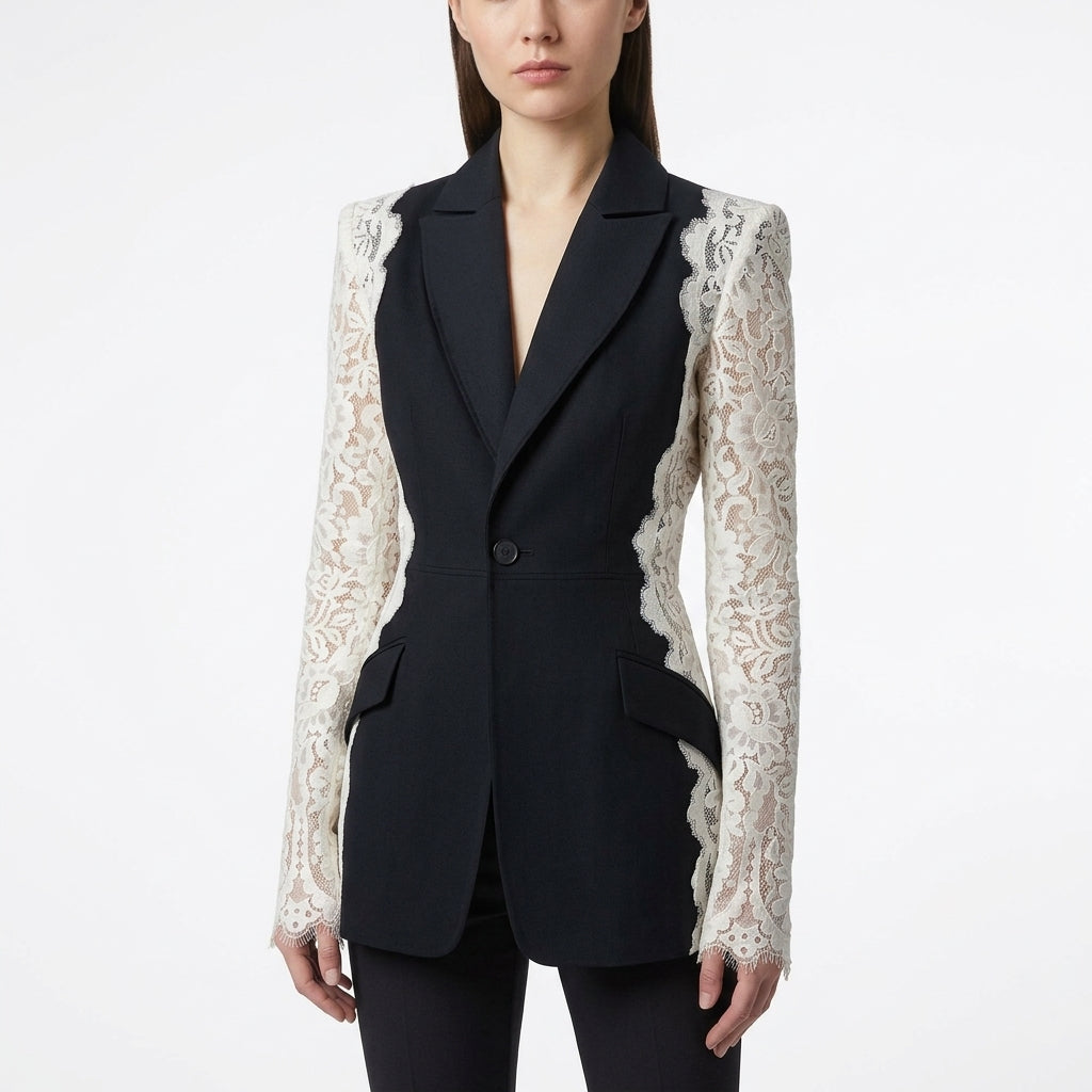 Blazer Femme Daisy | Patchwork en Dentelle à Revers, Coupe Ajustée