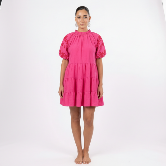 Robe Mini Femme Elora | Manches Bouffantes à Étages Brodées, Romantique