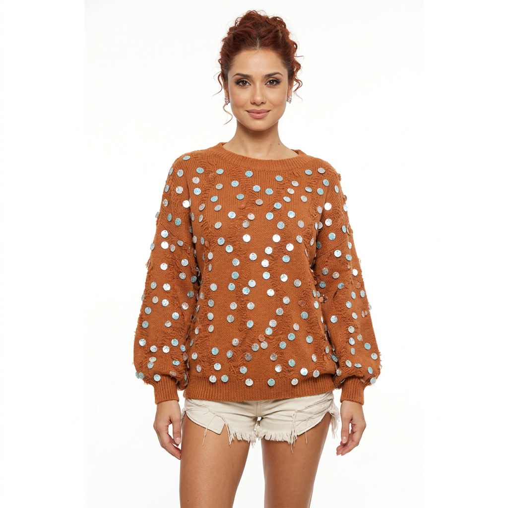 Suéter con lentejuelas para mujer Elora | Mangas obispo, borde desgastado
