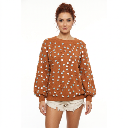 Suéter con lentejuelas para mujer Elora | Mangas obispo, borde desgastado