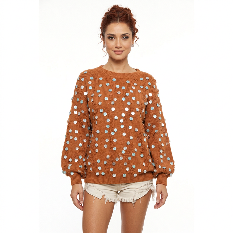 Suéter con lentejuelas para mujer Elora | Mangas obispo, borde desgastado
