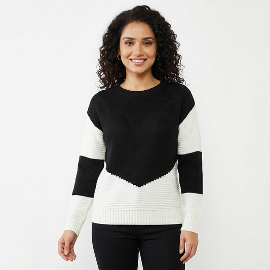 Suéter para mujer Kira | Punto acanalado bicolor, chevron de trabajo abierto