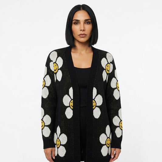 Cardigan long femme Petal | Motif tricot marguerite sourire, boutonné devant