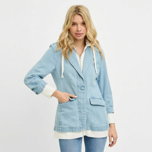 Blazer à capuche en jean femme Remi | Jean clair, poignets côtelés crème