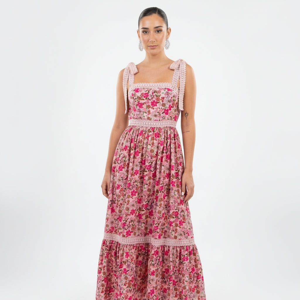 Robe Maxi Femme Sage | Imprimé floral rose, Bretelles en dentelle crochet