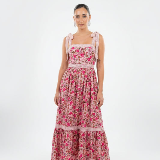 Robe Maxi Femme Sage | Imprimé floral rose, Bretelles en dentelle crochet