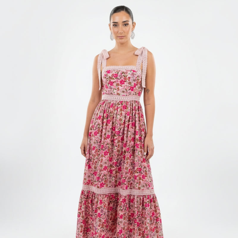 Robe Maxi Femme Sage | Imprimé floral rose, Bretelles en dentelle crochet