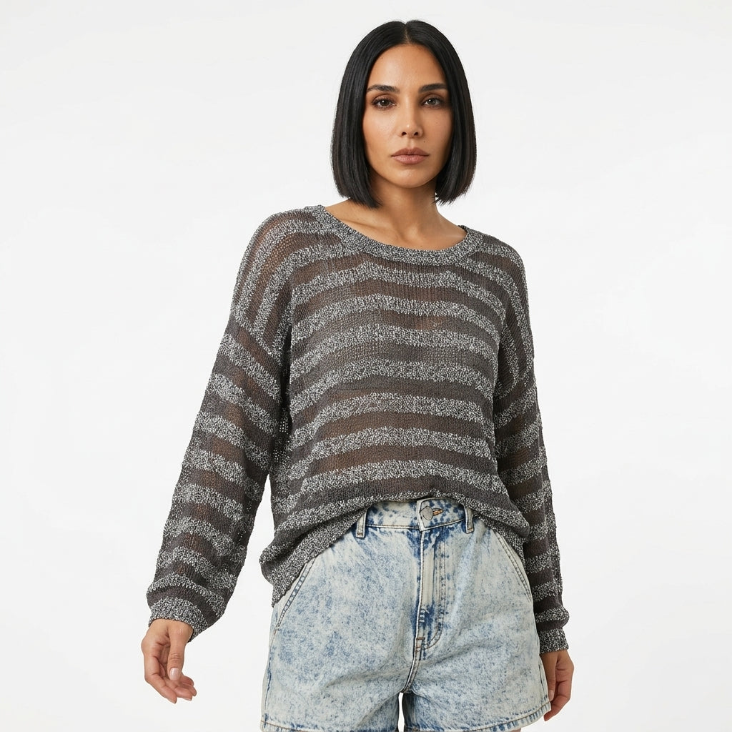 Pull tricoté femme Stevie | Motif rayé transparent, encolure en V