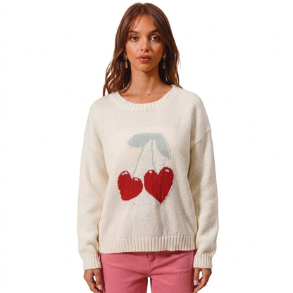 Pull Tricoté Femme Sweetheart | Motif Intarsia Cœur Cerise, Poignets Côtelés