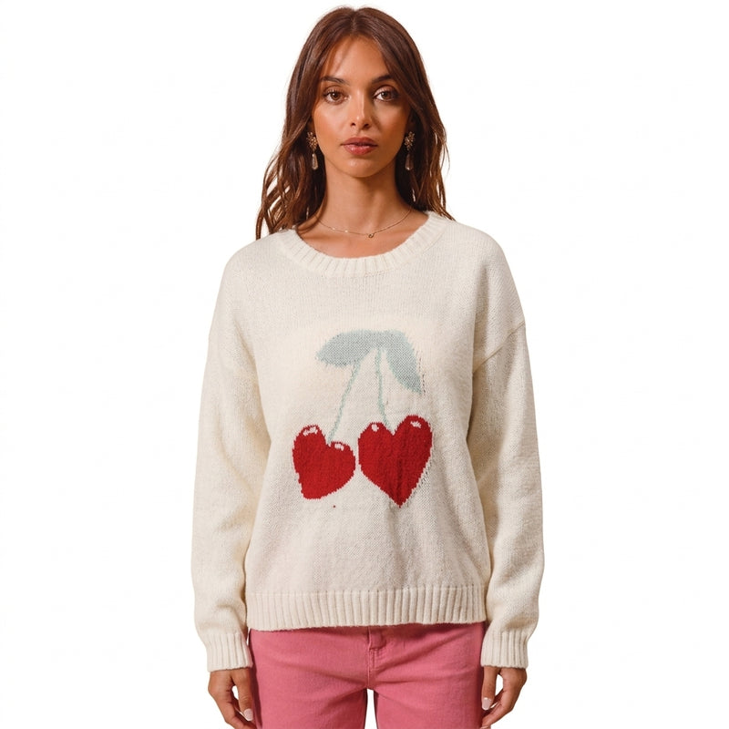 Pull Tricoté Femme Sweetheart | Motif Intarsia Cœur Cerise, Poignets Côtelés