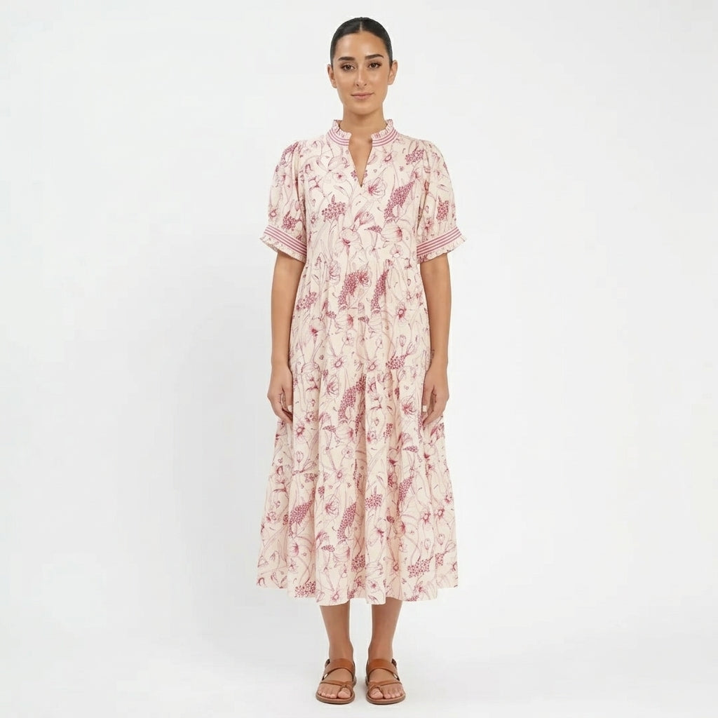 Robe midi femme Ulani | Imprimé floral botanique, détail poignets rayés